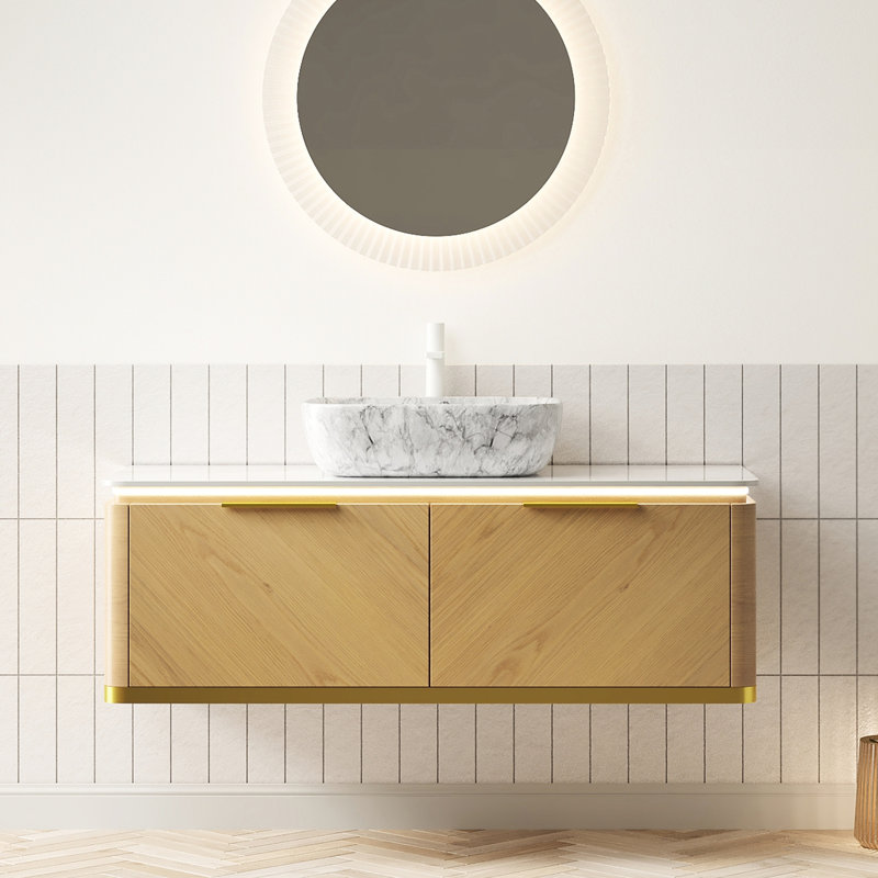 Meuble-lavabo 48 po avec rangement flottant, tiroirs, poignées dorées, éclairage à détection automatique, lavabo en marbre et comptoir en pierre frittée