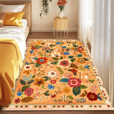 Motif floral 5 x 7 tapis lavable imprimé boho tapis mignon antidérapant fleur bas pour salon chambre cuisine bureau ferme-jaune / orange