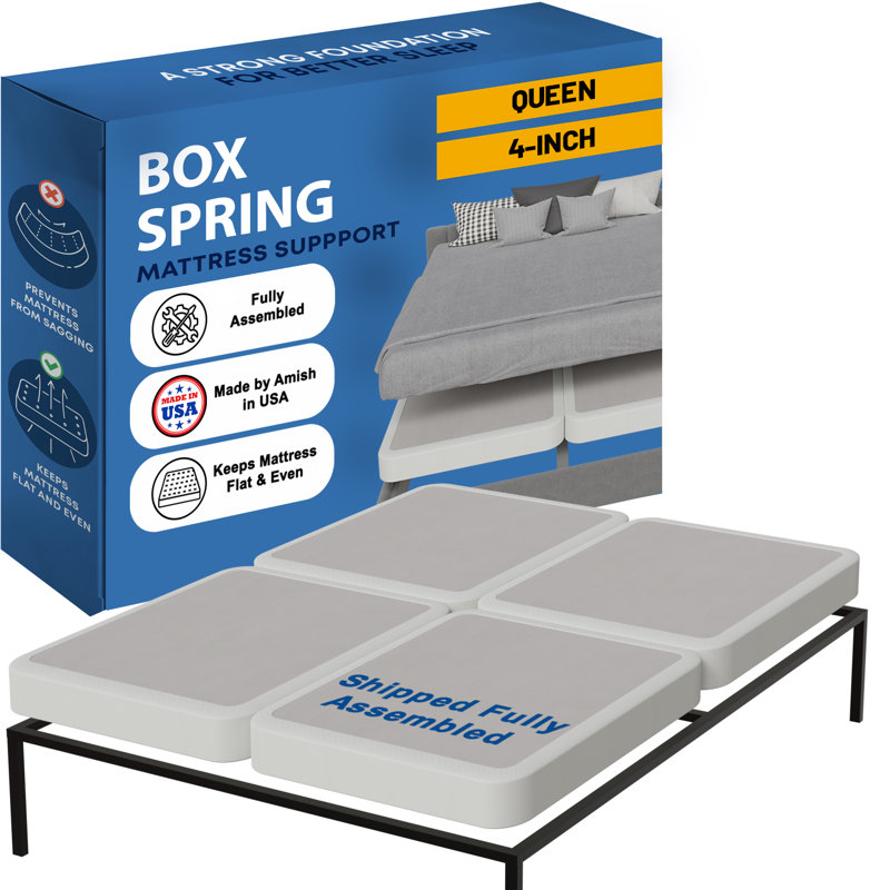 Sommier tapissier grand lit, sommier en bois 4 pouces - silencieux et silencieux, 4 pièces sous sommier avec support de matelas, entièrement assemblé, blanc