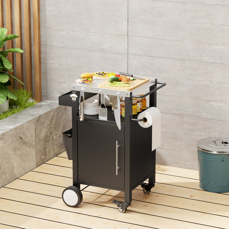 27"L x 18"W Patio Storage Bar Cart Stainless Steel Outdoor Rolling Bar Cart with Spice Rack