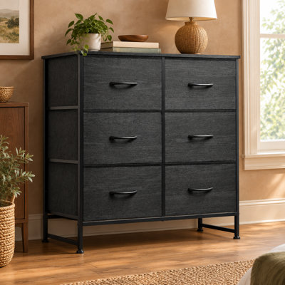 Commode de chambre gris anthracite à motif de grain de bois avec 6 tiroirs, structure en métal et plateau en bois pour le rangement des tissus dans le placard, le salon ou le couloir
