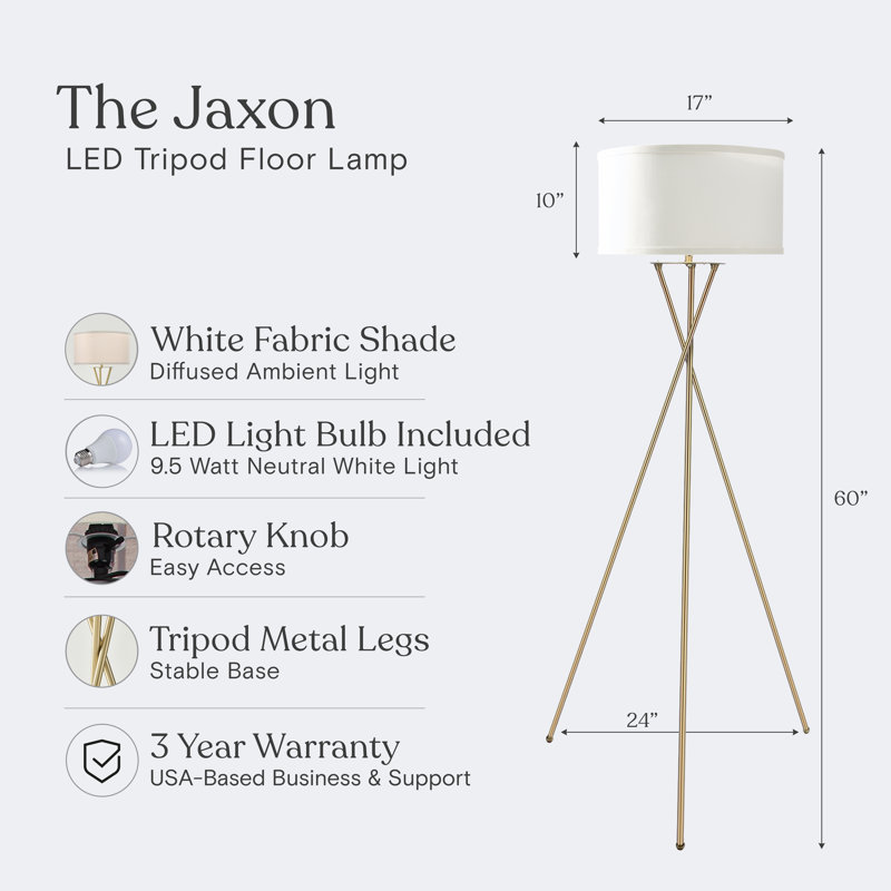 Jaxon 60 in. Mid-Century Modern LED Energy Efficient Floor Lamp with Fabric Drum Shade, Cream, Antique Brass