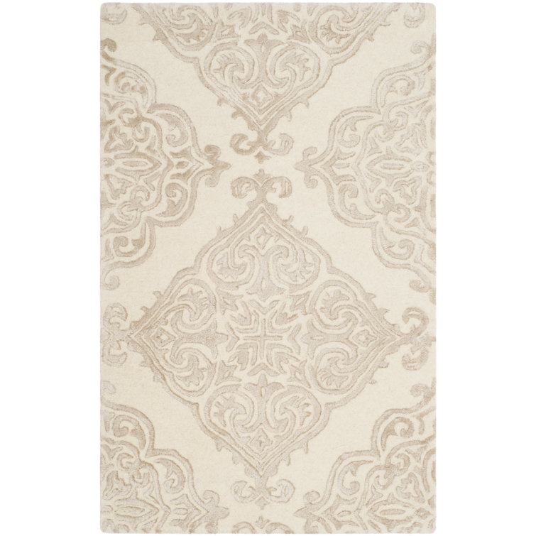 Bernon Hand Tufted Viscose/Wool Damask Rug in Ivory