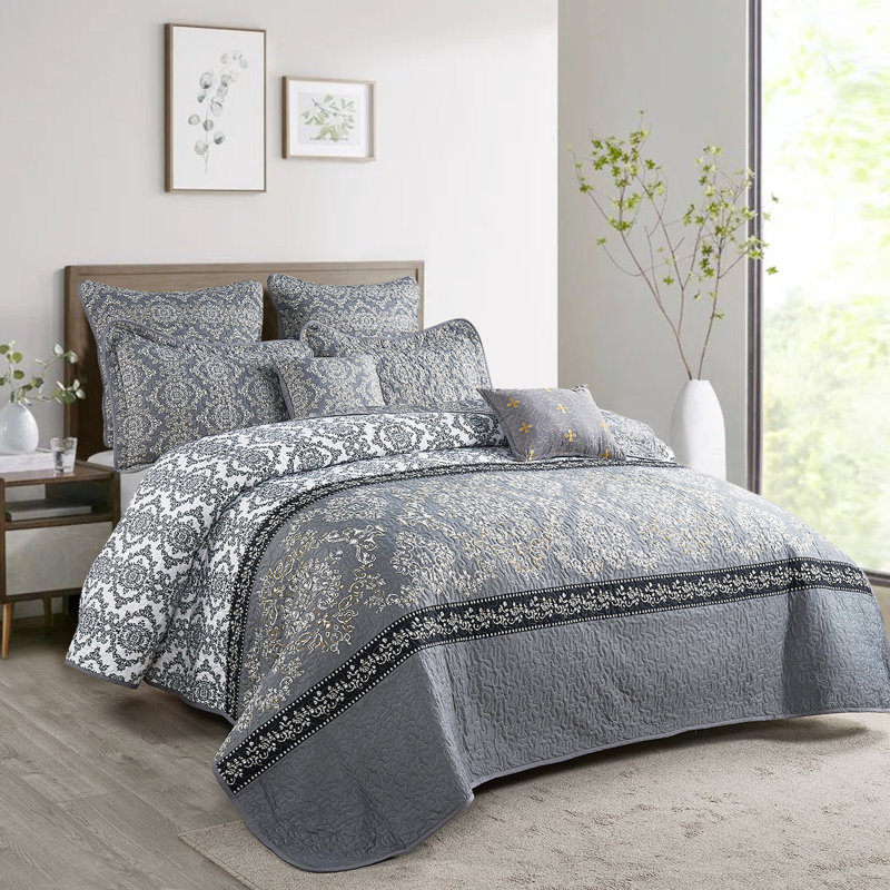Ensemble de courtepointe en microfibre imprimée de 7 pièces Mystic, Couvre-lit grand + 6 pièces supplémentaires, Gris