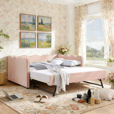 Upholstered Daybed Frame with Trundle and USB Charging, Daybed with Pop Up Trundle for Living Room & Small Spaces,