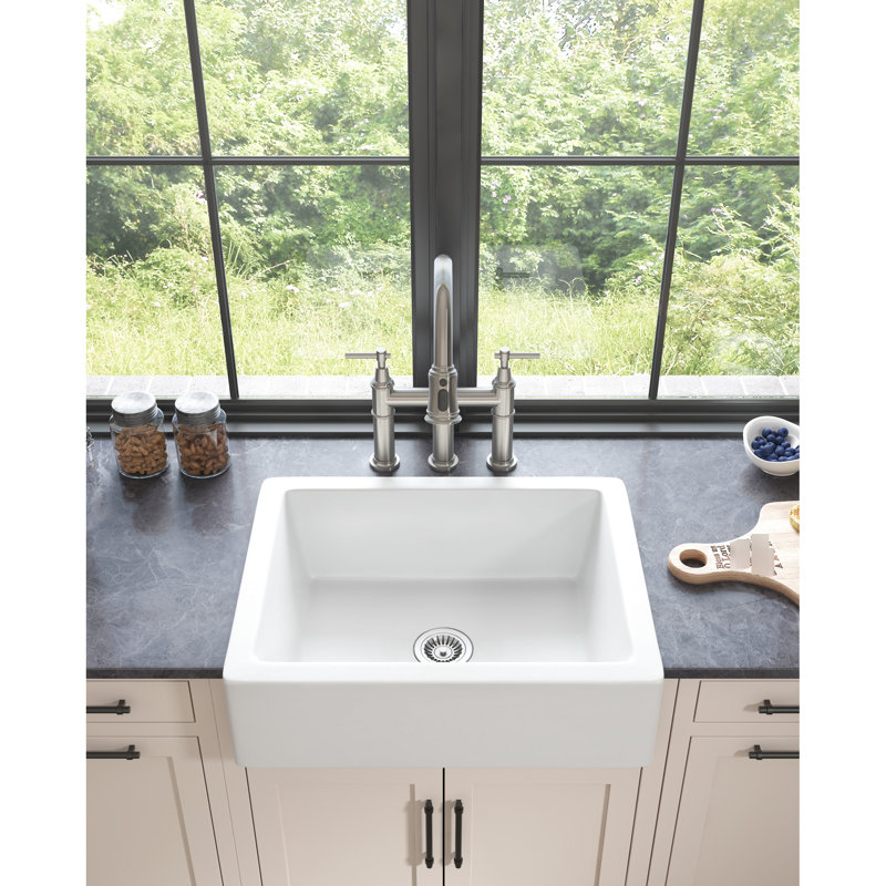 Évier de cuisine blanc, L 24 po x l 19 po, façade à tablier, céramique, bols profonds pour la vaisselle, cuisson à haute température, teinture, pots de qualité et style de vie moderne, style Scratch