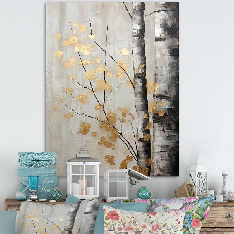 Tree Whispers Of Grey and Gold - Reproduction d'art sur toile encadrée monochrome, H 32 po x l 24 po x P 1 po, Toile tendue