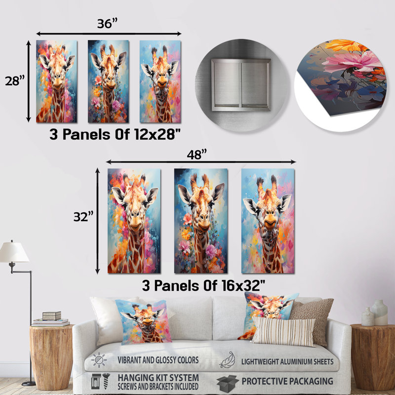 Popart Art girafe multicolore - ensemble de 3 reproductions d'art en métal girafe, H 28 po x l 36 po