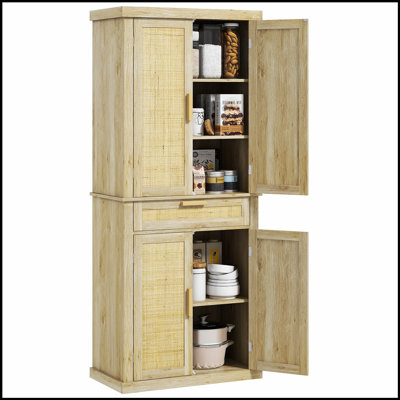Grand garde-manger 72 po avec panneau en rotin, armoire de rangement autoportante Boho avec 4 portes, tiroir, tablette à 5 niveaux et tablettes réglables