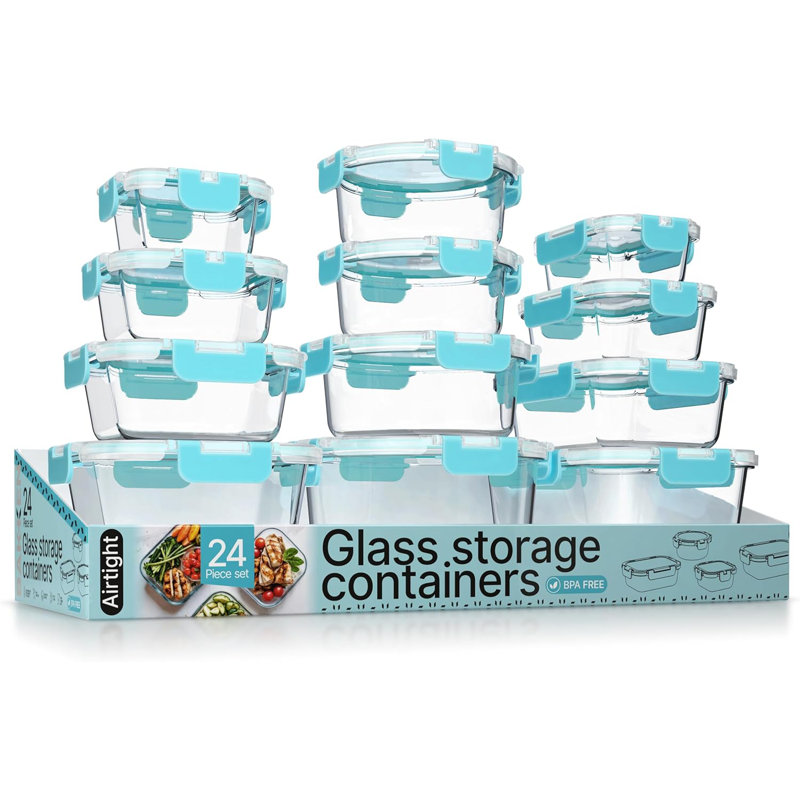 Contenant alimentaire en verre borosilicaté Bakken avec couvercles 24 pièces, contenants empilables sans BPA pour le déjeuner et les restes, va au micro-ondes, au congélateur et au lave-vaisselle, 100% étanche à l'air, Aqua
