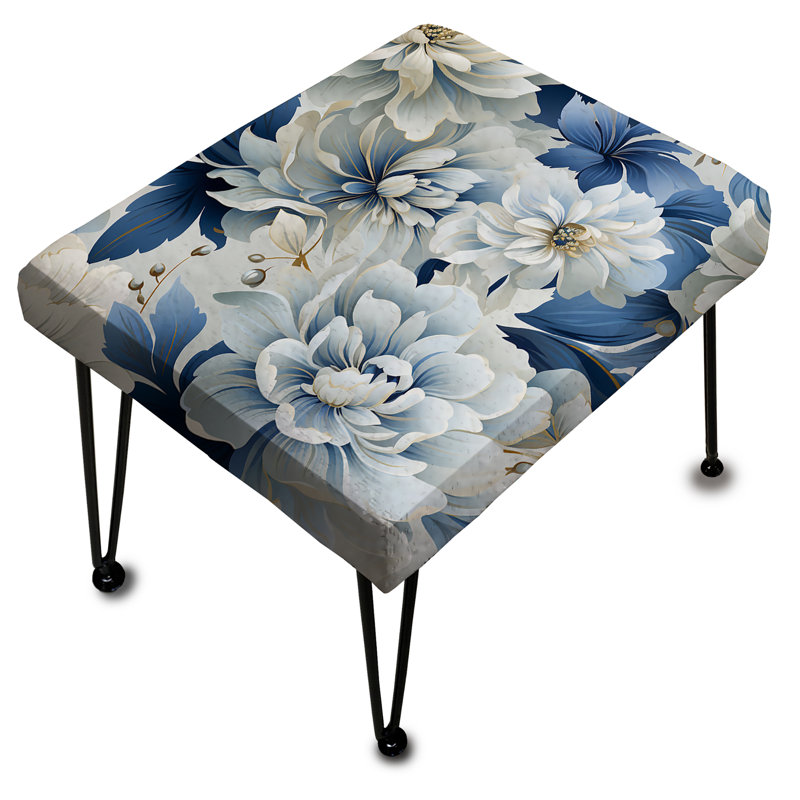 Misty blanc et bleu floral damassé - Repose-pieds rectangulaire damassé