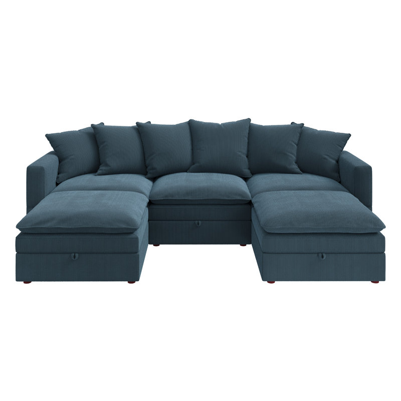 Canapé modulaire en U avec rangement Wynter, Velours côtelé bleu