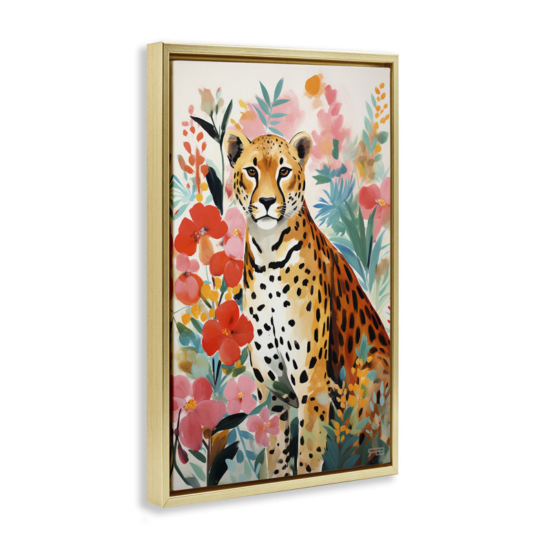 Toile flottante encadrée floral léopard par Roozbeh Bahramali, H 25 po x l 17 po, Cadre flottant métallique doré
