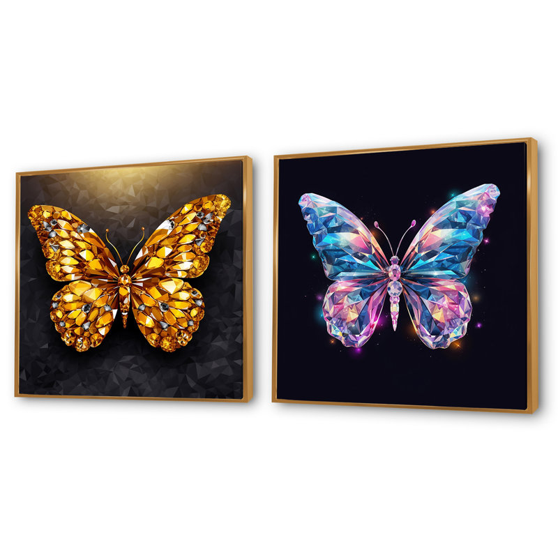 "Papillon rose et or" 2 pièces, Encadrement doré, H 36 po x l 73 po