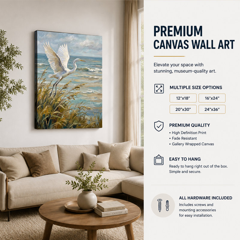 Tableau sur toile représentant une aigrette blanche survolant des champs d'avoine de mer côtière, 16x24inch