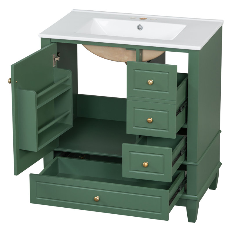 Bathroom Vanity With Sink/ One Door With Shelf And Three Drawers/ Door/Bathroom Vanity Cabinet, Green