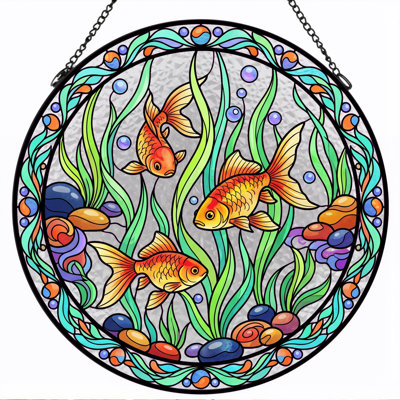 Goldfish Seaweed Stained Glass Window Panel，12"H