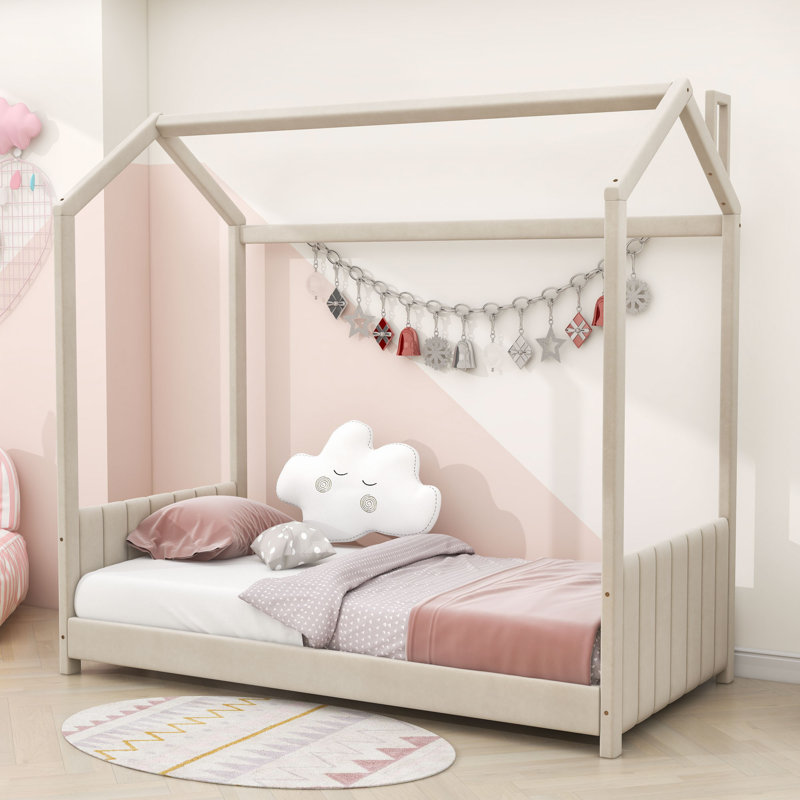 Bussell Tufted Upholstered Canopy Platform Bed, Beige, Twin
