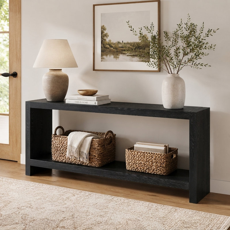 63" Farmhouse Console Table, 2-Tier Rustic Sofa Table with Wood Veneer, Long Entryway Table for Behind Couch, Living Room & Hallway