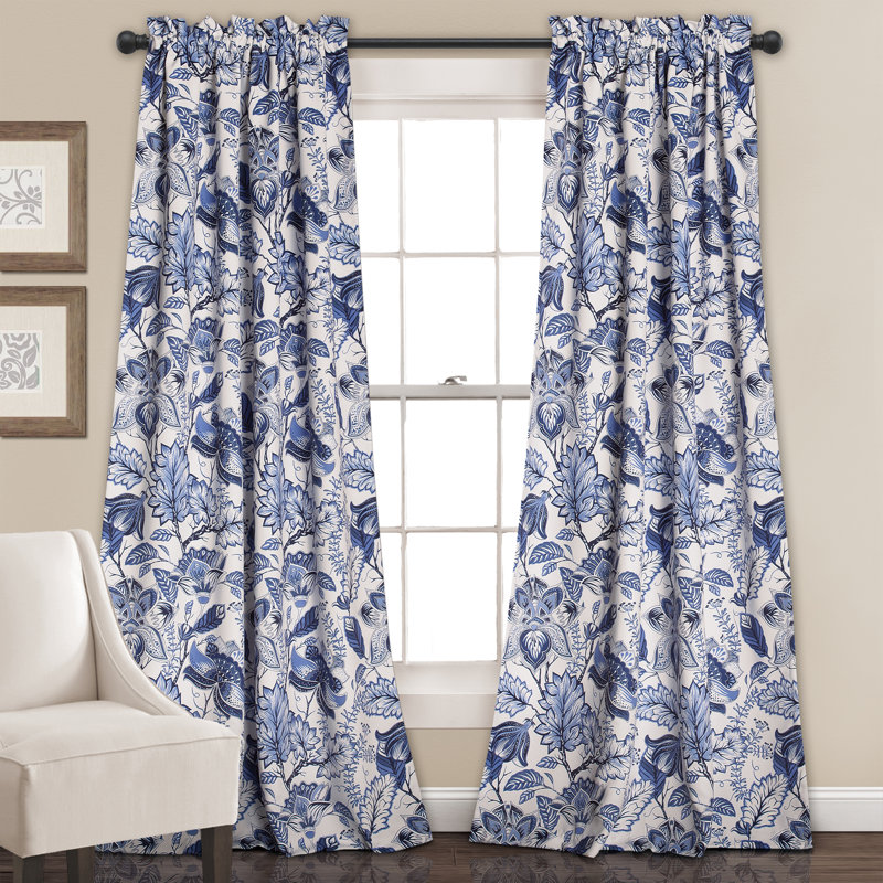 Blue Floral Jacobean Polyester Room Darkening Window Panels