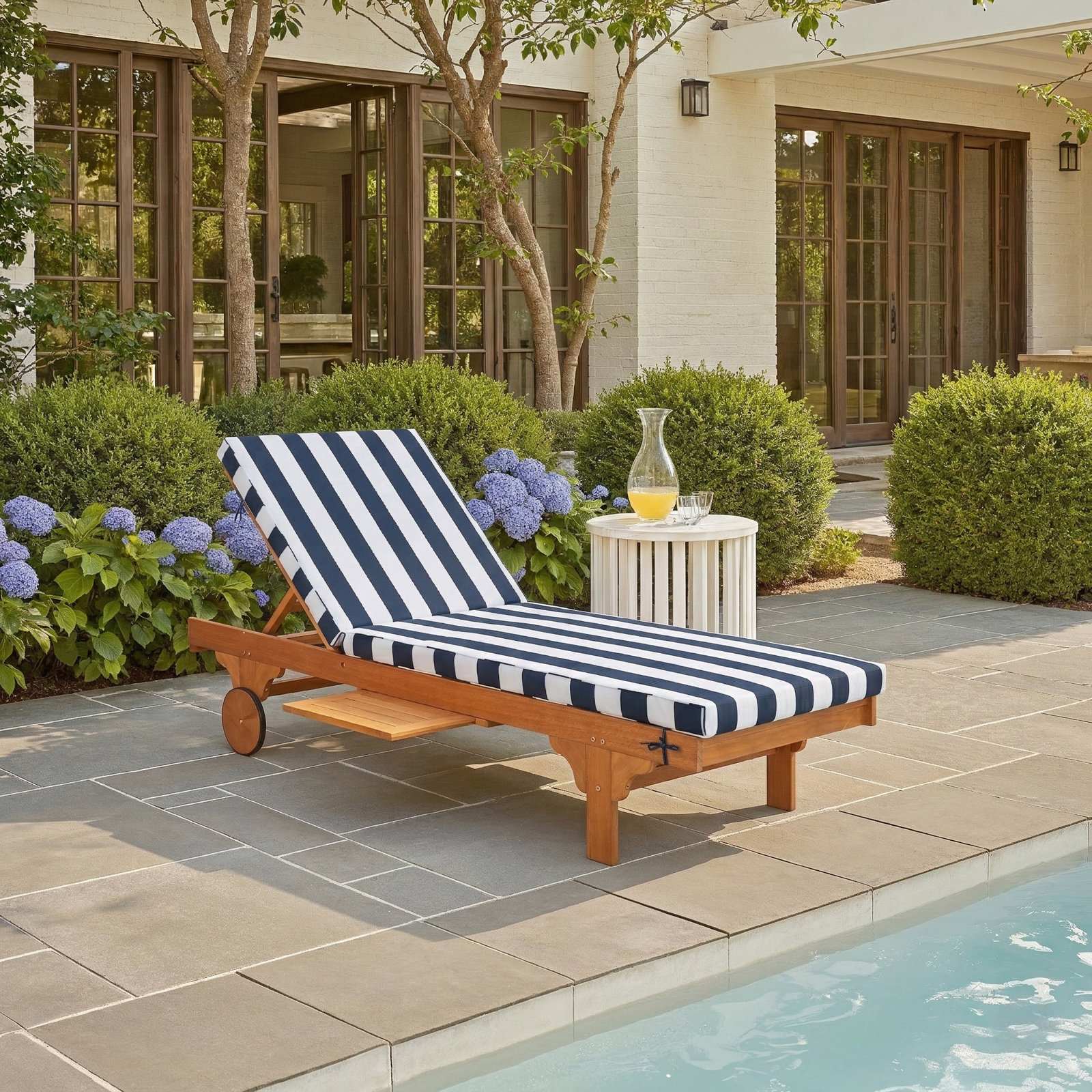 Jivera 28" Eucalyptus Patio Chaise Lounge, Navy/White, Wood