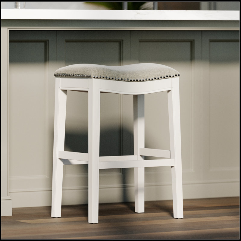 Zoey 26In. Tabouret de bar en bois à hauteur de comptoir avec dossier clouté et garniture cloutée, blanc campagne avec siège rembourré