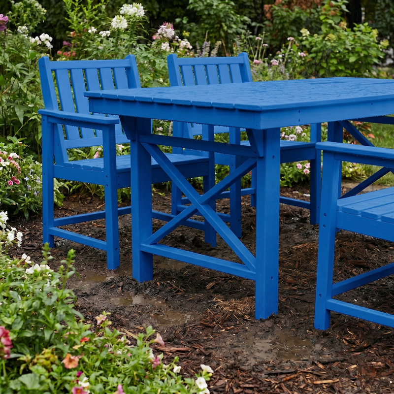 Ensemble de salle à manger d'extérieur en plastique PEHD blanc 7 pièces avec 6 fauteuils et une table rectangulaire, Bleu