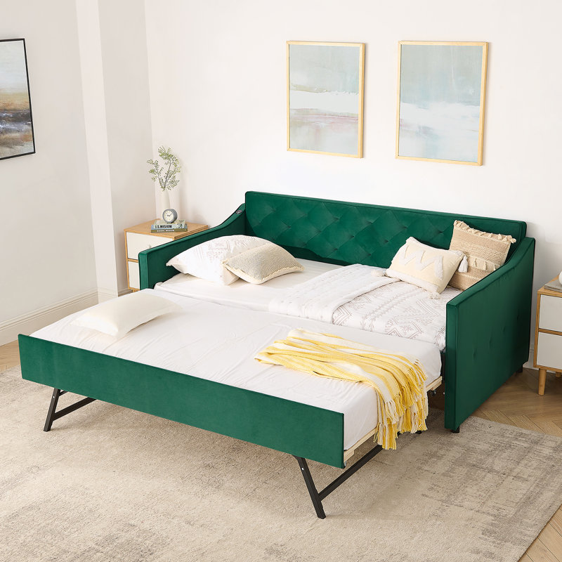 Twin Size Upholstery Daybed With Twin Size Pop-Up Trundle And USB Charging Design, Green