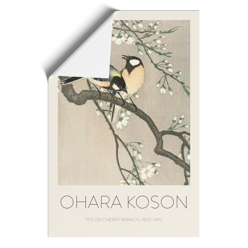 Tits On A Cherry Branch by Ohara Koson - No Frame Painting, 30cm H x 21cm Wx 0.1cm D