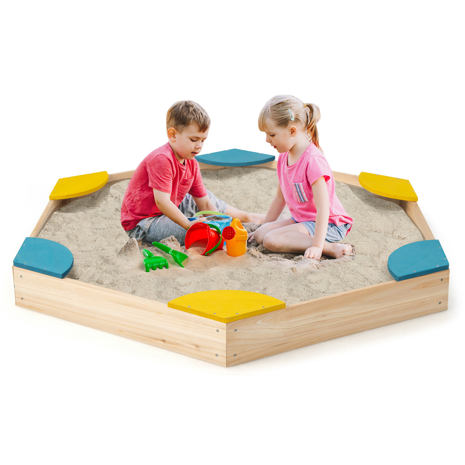 Hexagon Wooden Sandbox With Seats Outdoor Kids Wood Sand Box With 6 Corner  Seats