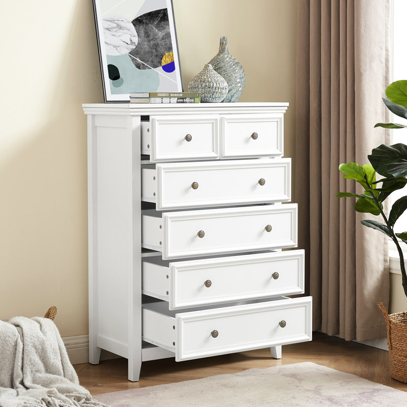 Commode 6 tiroirs pour le salon - blanc, rangement spacieux et commode blanche à 6 tiroirs avec mécanisme de basculement