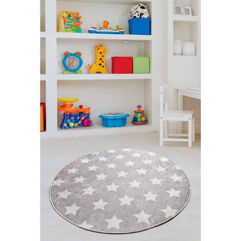 Tapis rond gris / blanc en polyester / velours touffeté à la machine Arundel, Rond 4 pi 7 po