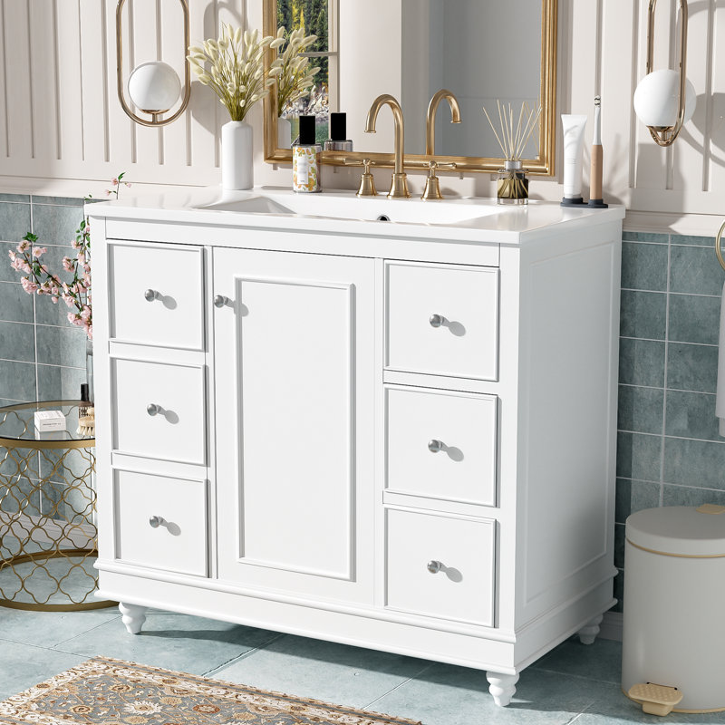 Meuble-lavabo de salle de bain avec lavabo avec tiroirs et tablette réglable, Blanc