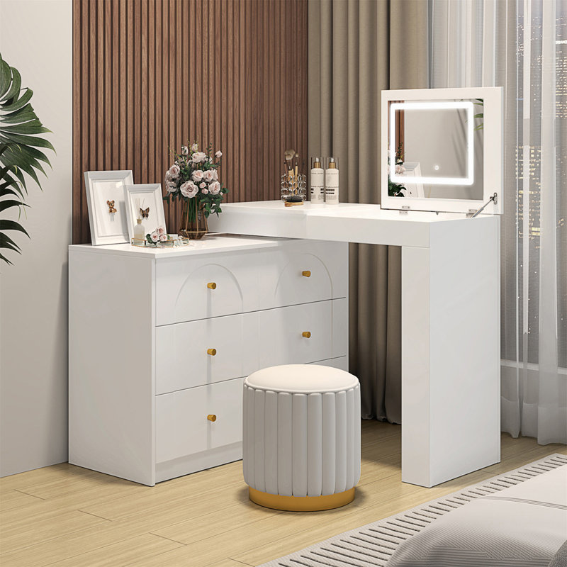 Vanity Desk With Mirror, Lights, And Abundant Storage, Convertible Design For Versatile Use In Modern Bedrooms, White