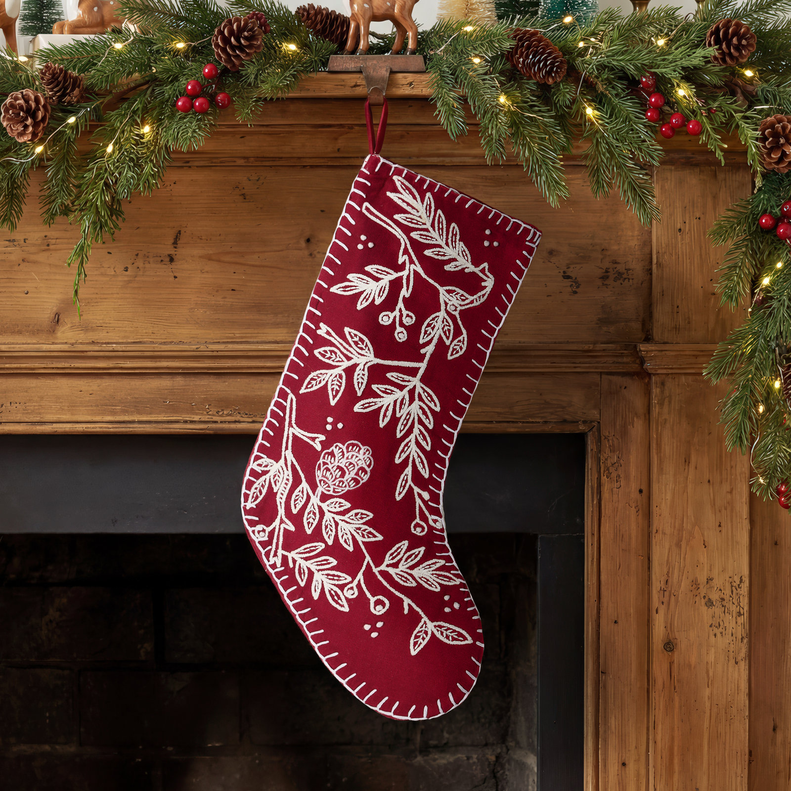 Red Folk Branch Embroidered Holiday Stocking