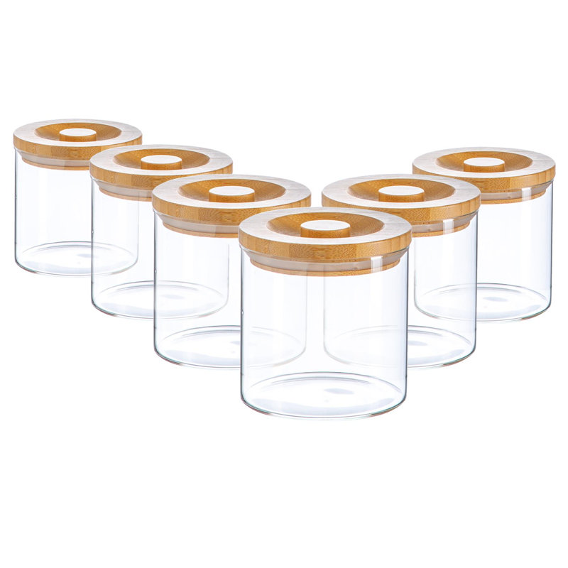 Argon Tableware - Glass Scandi Storage Jar with Wooden Lid - Set of 6, 9.5cm H x 10cm W x 10cm D