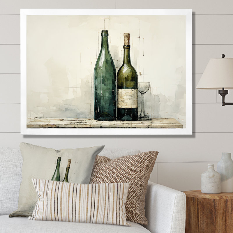 «Green Minimalist Wine Bottles Silhouette I», art mural vin, Cadre de coin blanc fermé, H 12 po x l 20 po x P 1 po