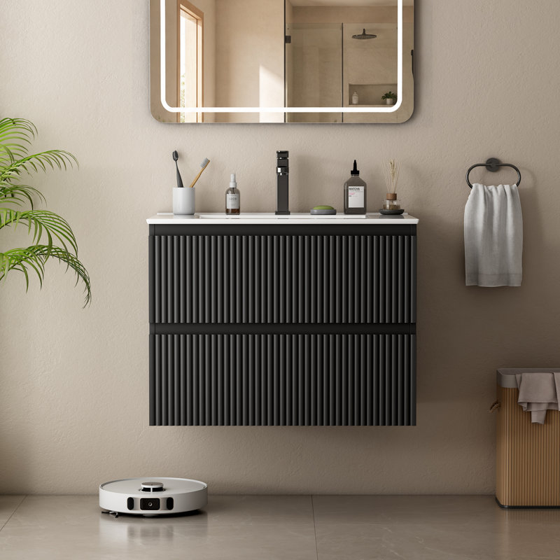 Meuble-lavabo mural simple avec lavabo en céramique et 2 tiroirs, Noir, noir, noir, noir, 24
