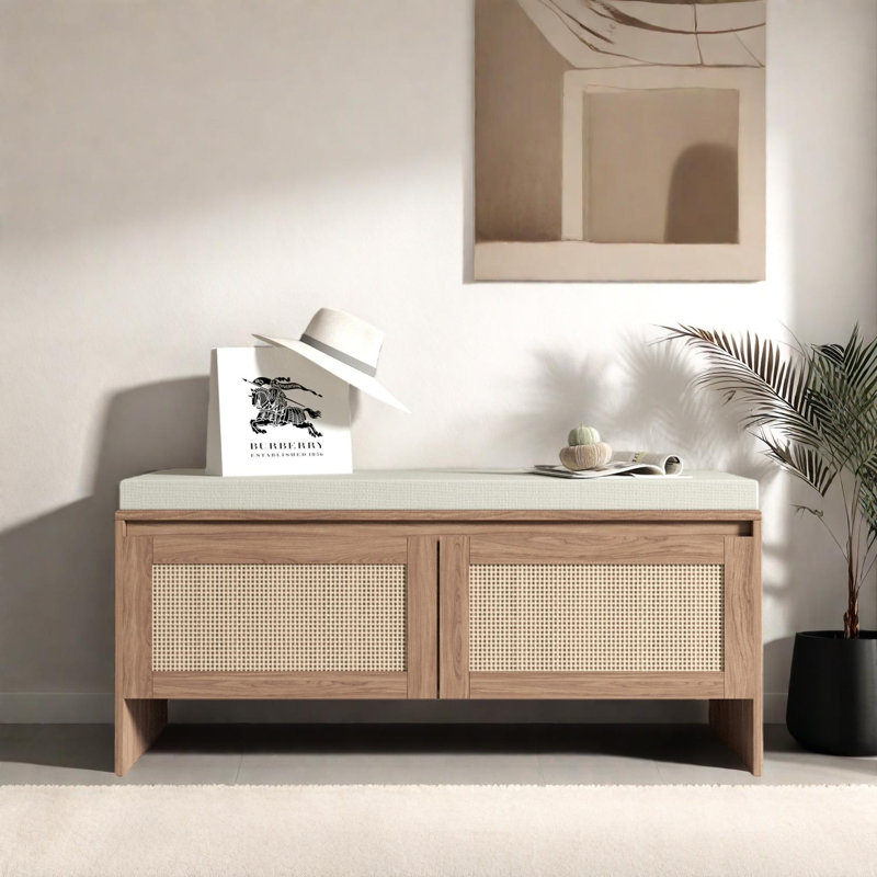 Rattan Shoe Storage Bench With Cushion, 2-Door Entryway Bench Cabinet For Hallway Bedroom Mudroom