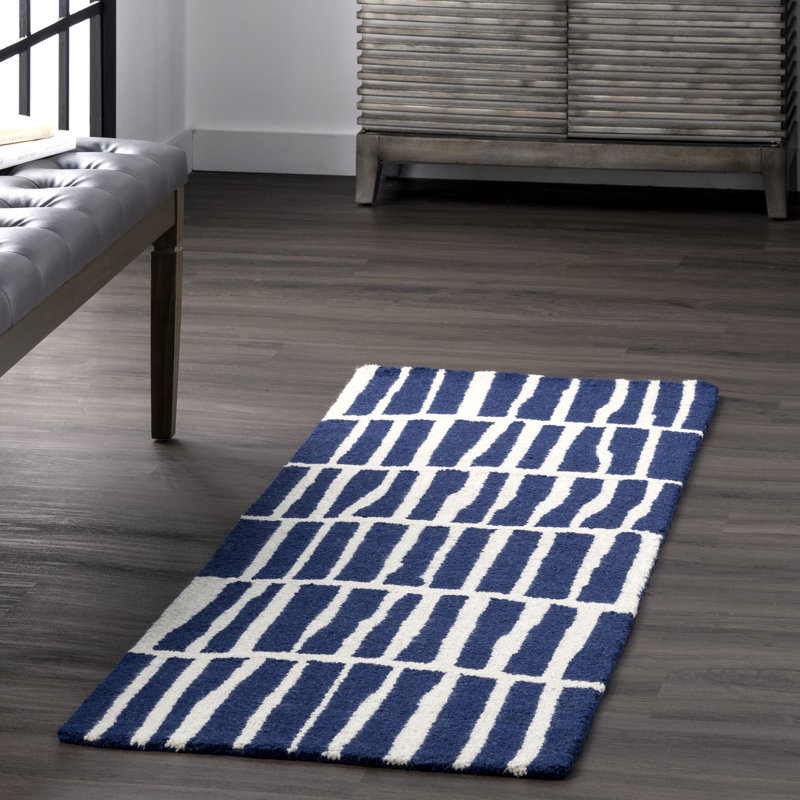 Tapis bleu marine / blanc en laine touffeté à la main Lauderhill, Tapis de couloir 2 pi x 6 pi