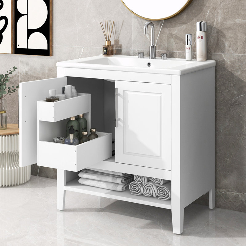 Yerger 30'' Single Bathroom Vanity with Solid + Manufactured Wood Top, White
