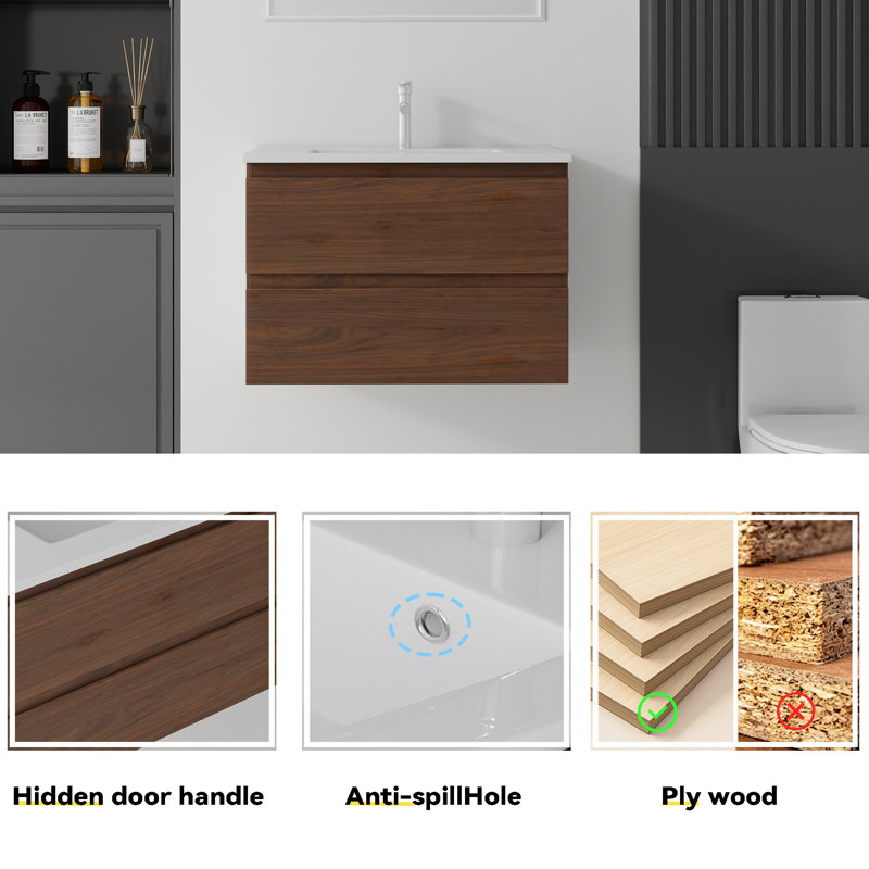 Meuble-lavabo flottant avec lavabo, Brown, 24" W