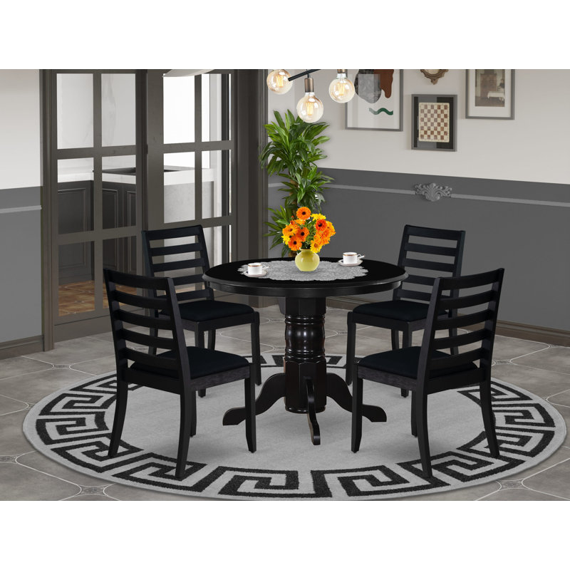 3 Piece Dining Set Includes a Round Table & 2 Stackable Polyester Fabric Chairs, Black, 5