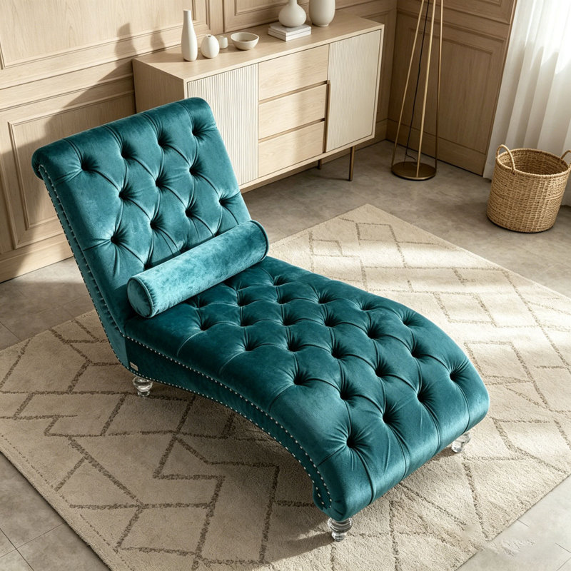 Méridienne en velours pour l'intérieur, capitonnée à boutons, Velours sarcelle