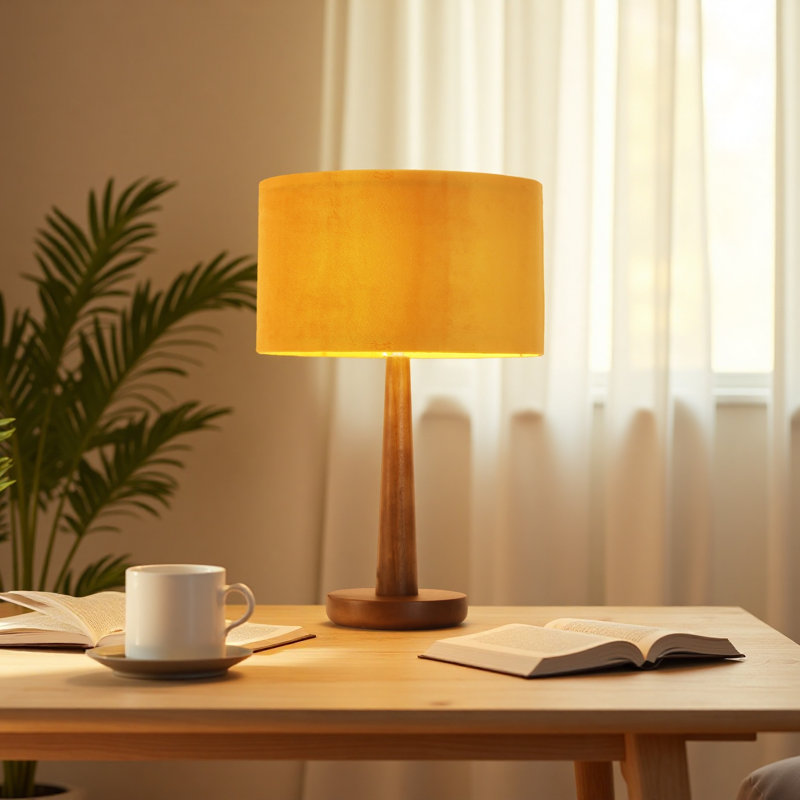  Lampe de table effilée en bois massif 18,5 "avec abat-jour rond en velours, lampe d'appoint moderne en bois véritable avec base E26 pour chambre à coucher et salon