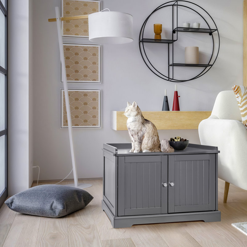 Enceinte de litière pour chat avec séparateur et porte spacieuse, gris
