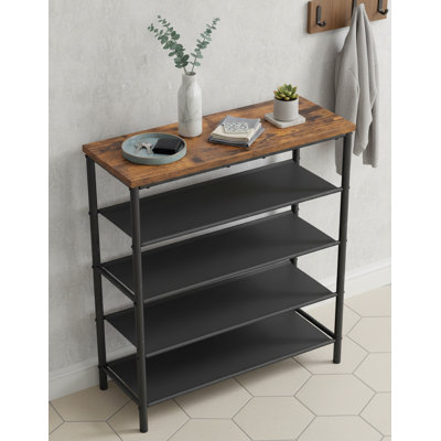 Range-chaussures rétro à 5 niveaux de style industriel brun-noir, structure en acier avec 4 tablettes en tissu, idéale pour les vestibules et les placards, pouvant contenir 12 à 16 paires de chaussures