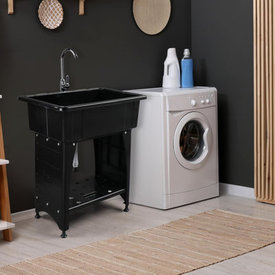 Utility Washing Room Sink Laundry Tub with Faucet & Shelf & Drainboard