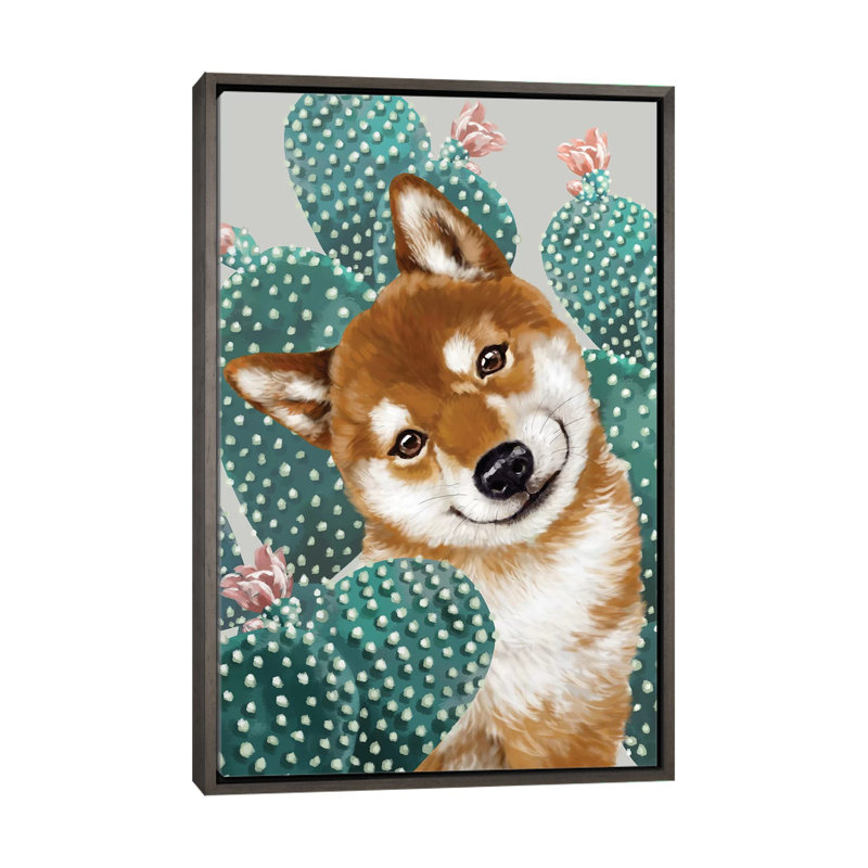 Shiba shiba avec cactus, Toile encadrée de bois rustique foncé, H 26 po x l 18 po x P 1,5 po