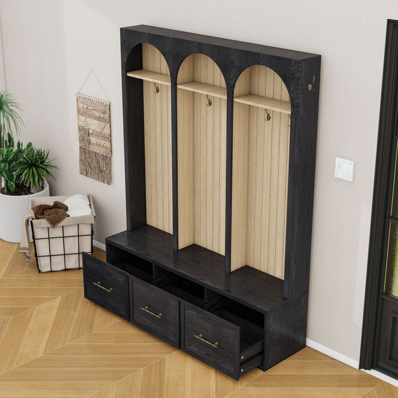 Farmhouse Hall Tree with Entryway Bench, Coat Rack, 3 Drawers and 8 Retro Hooks, Black